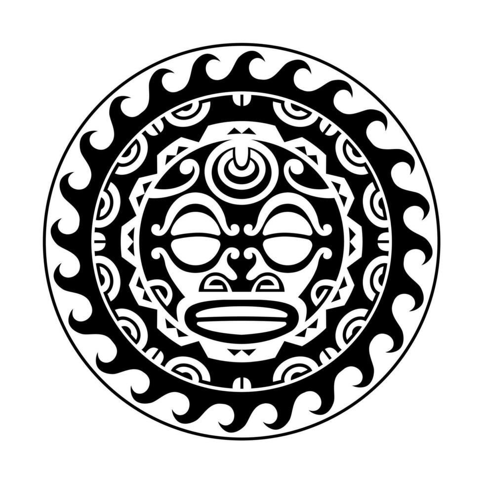 Traditional Maori round tattoo design. Editable vector illustration. Ethnic circle ornament. African mask.