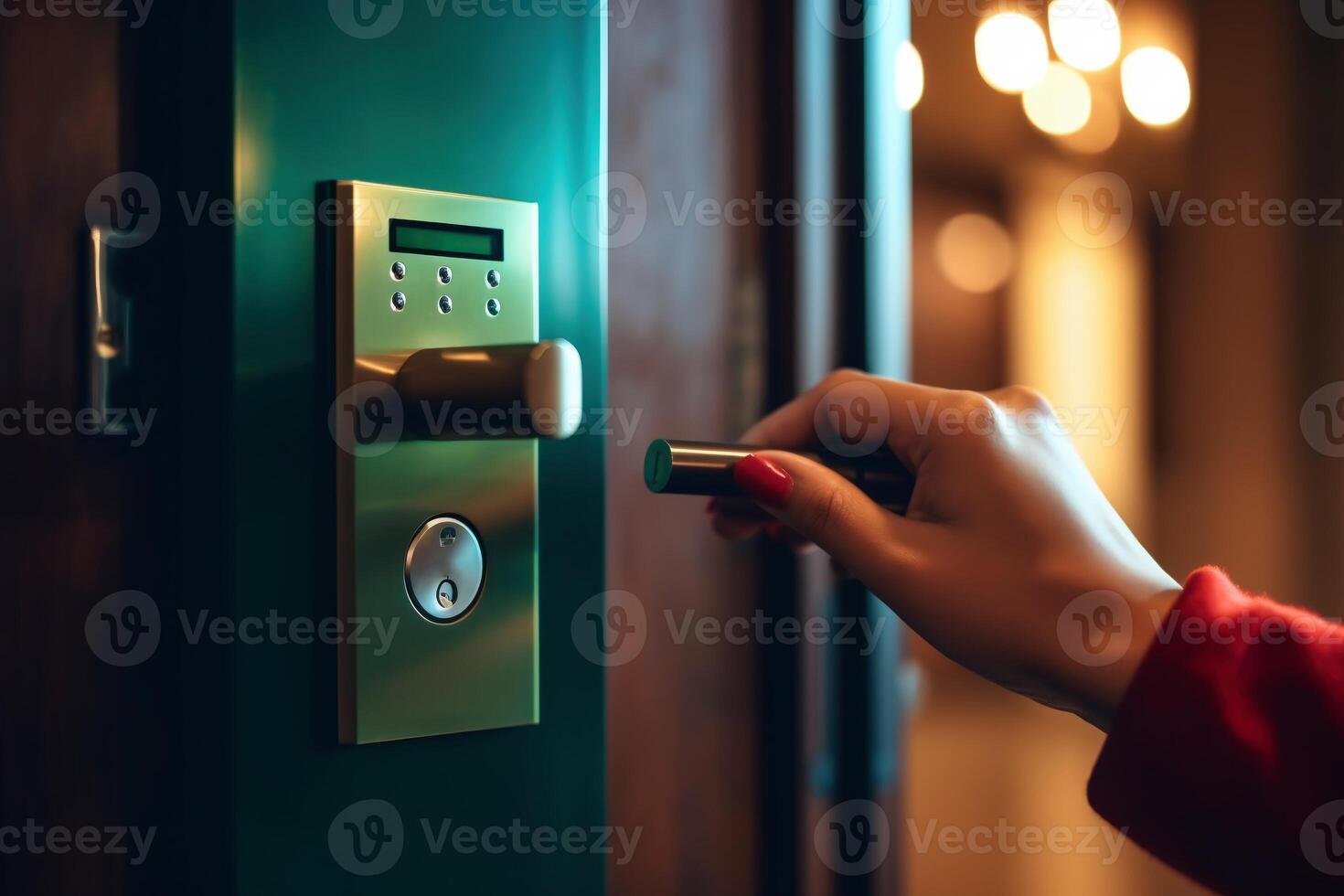 Locking smartlock on the entrance door using a smart phone remotely. Concept of using smart electronic locks with keyless access photo