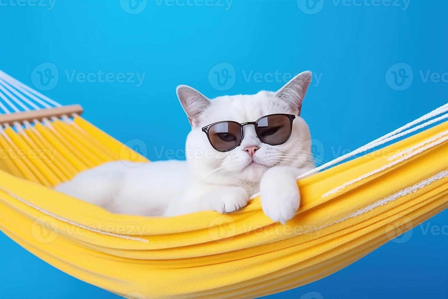 Cute white british cat wearing sunglasses on yellow fabric hammock, isolated on blue background. photo