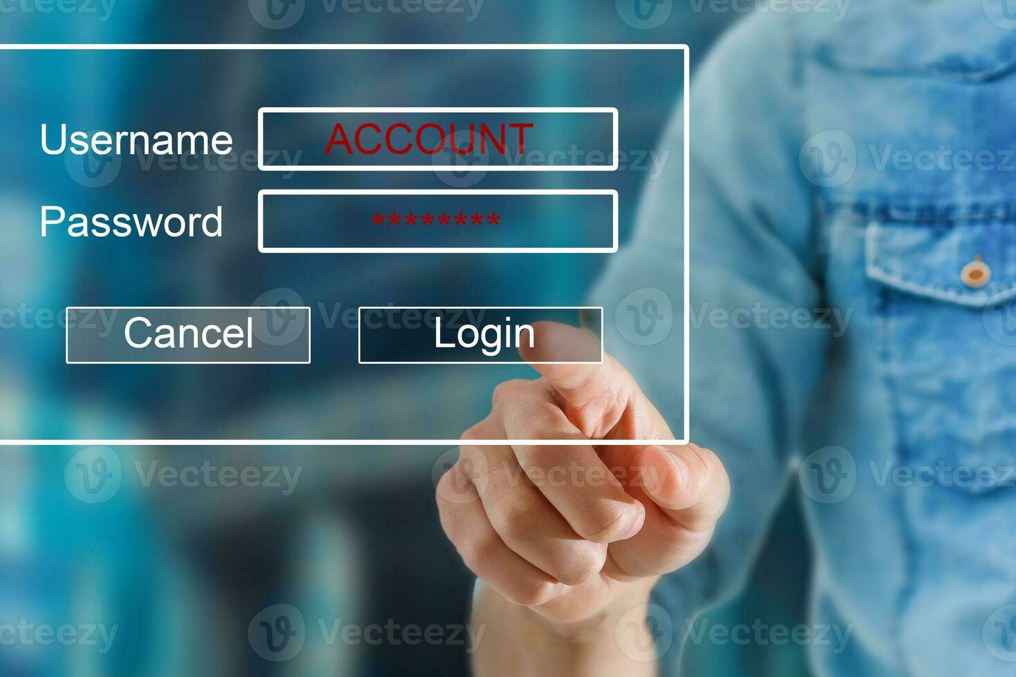 businessman pressing authentication button on login display photo