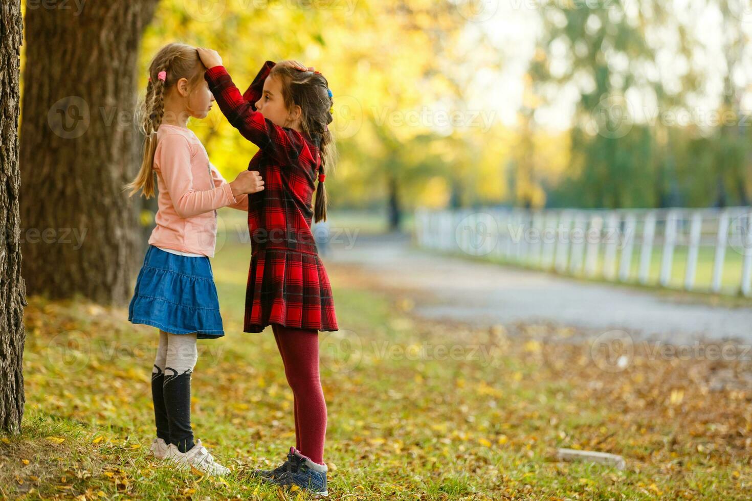 two girls in autumn park photo