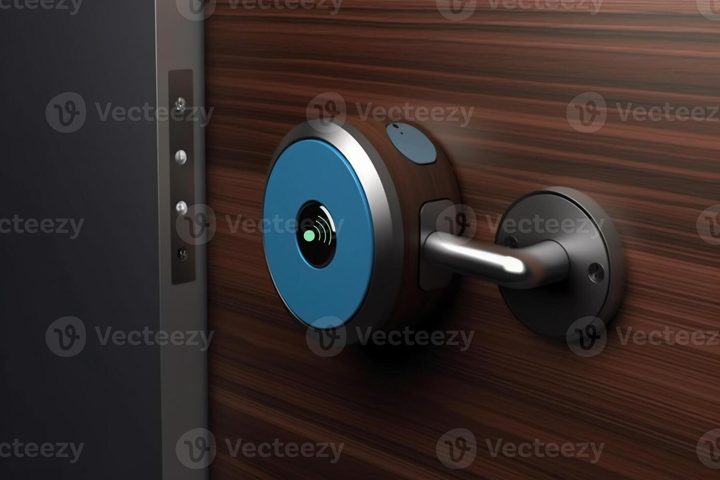 Smart Digital touch screen keypad access by entering pass code digits, Electronic digital door handles on wood door Hotel or apartment door, future modern safety security technology more safe secure photo