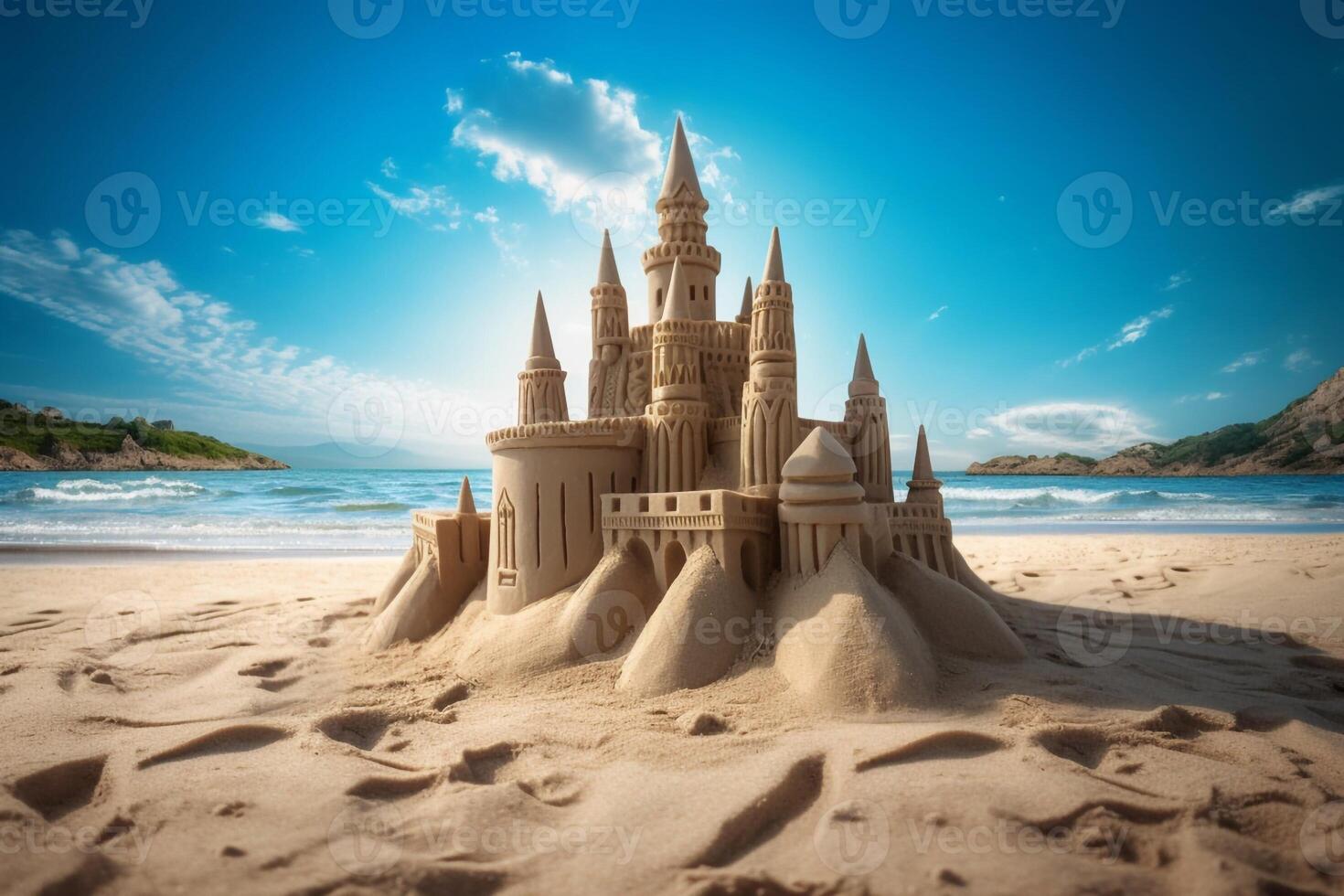 Sandcastle beach on bright sky. 3d rendering photo