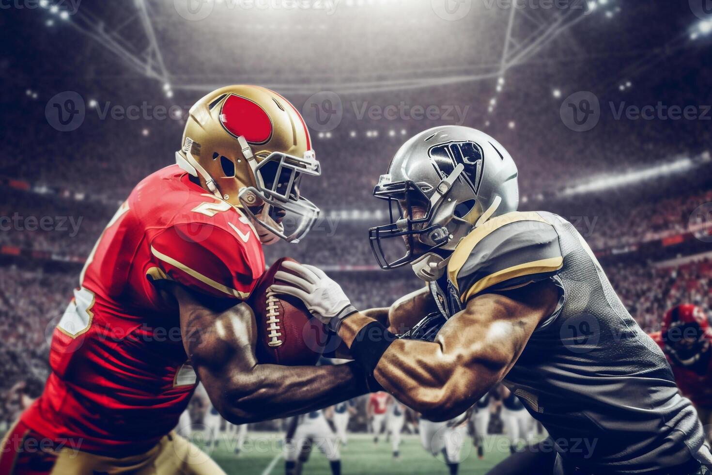 American Football Championship. Teams Ready Professional Players, Aggressive Face-off, Ready for Pushing, Tackling. Competition Full of Brutal Energy, Power. Shot with Dramatic Light Generative AI photo