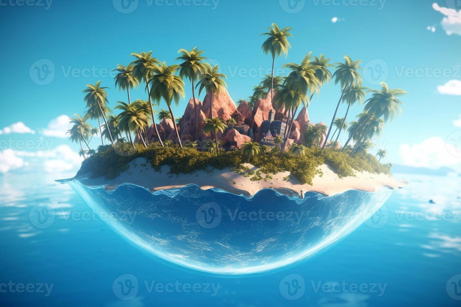 3D illustration blue tropical background of the sea in summer blurred with palm leaves and sunshine. Sea and sky with white clouds Summer holiday photo
