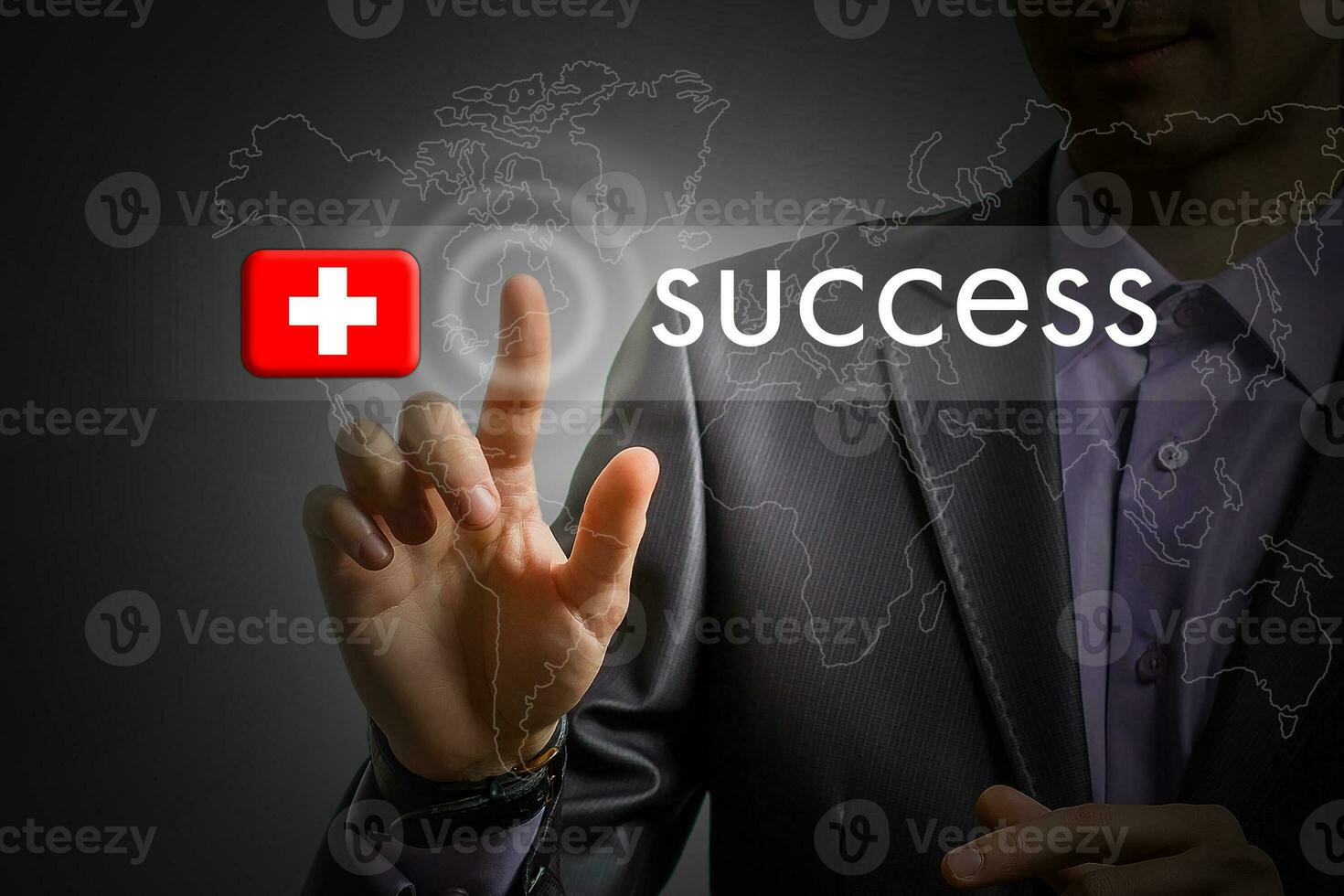 Switzerland success concept. Man pressing virtual button with flag icon photo