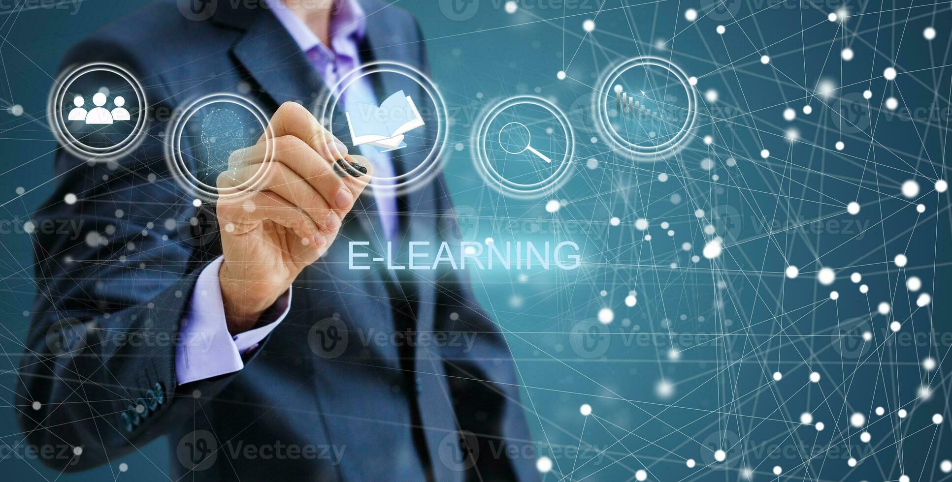 Businessman draw growth graph and progress of business and analyzing financial and investment data ,business planning and strategy on blue background photo