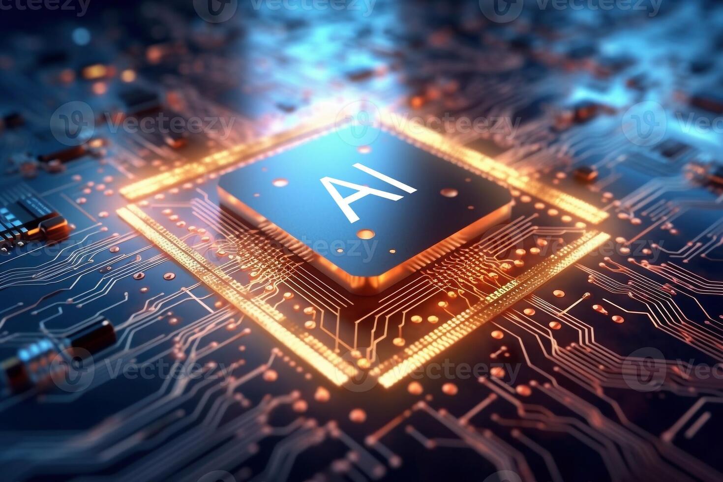 3D render AI artificial intelligence technology CPU central processor unit chipset on the printed circuit board for electronic and technology concept select focus shallow depth of field photo