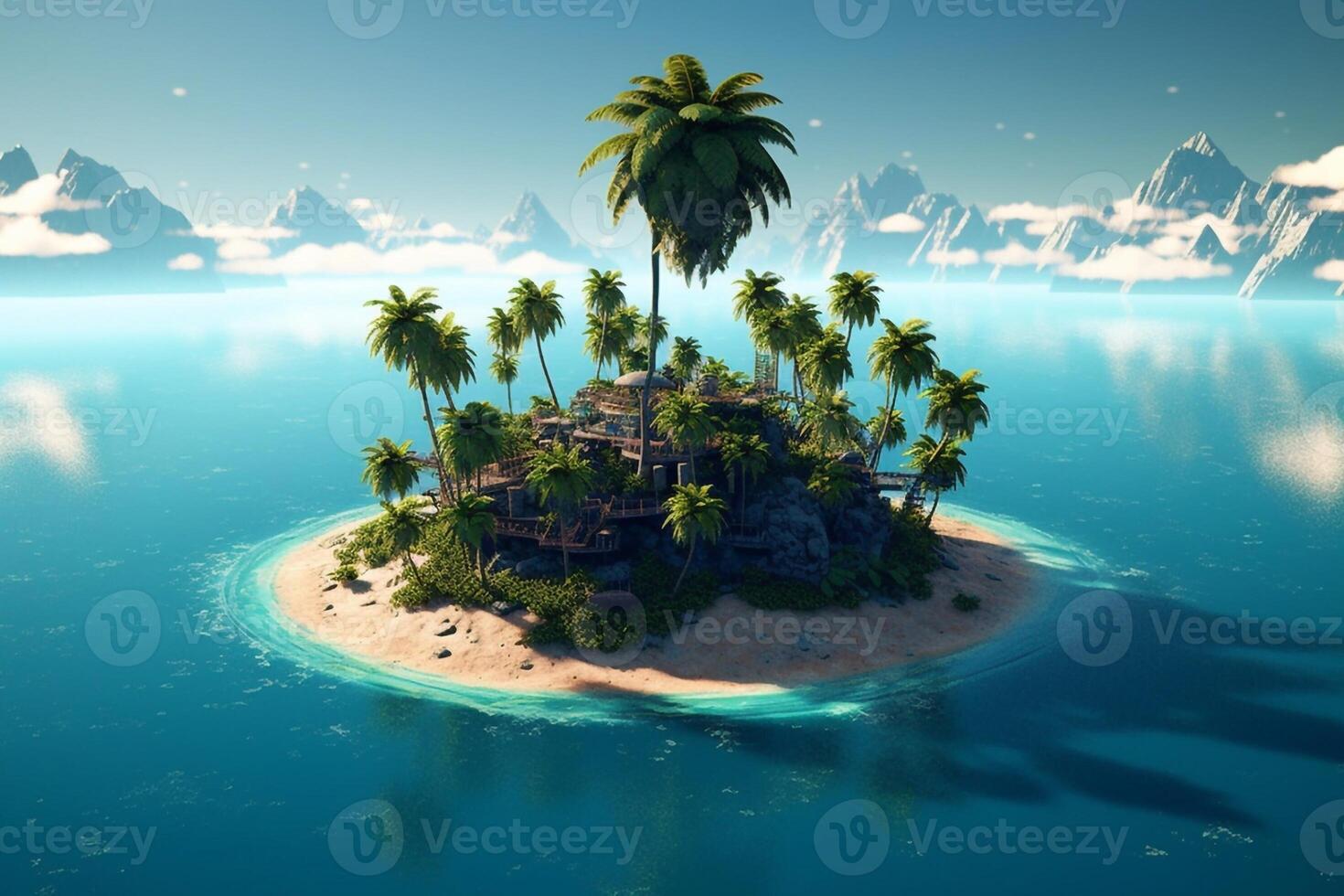 3D illustration blue tropical background of the sea in summer blurred with palm leaves and sunshine. Sea and sky with white clouds Summer holiday photo