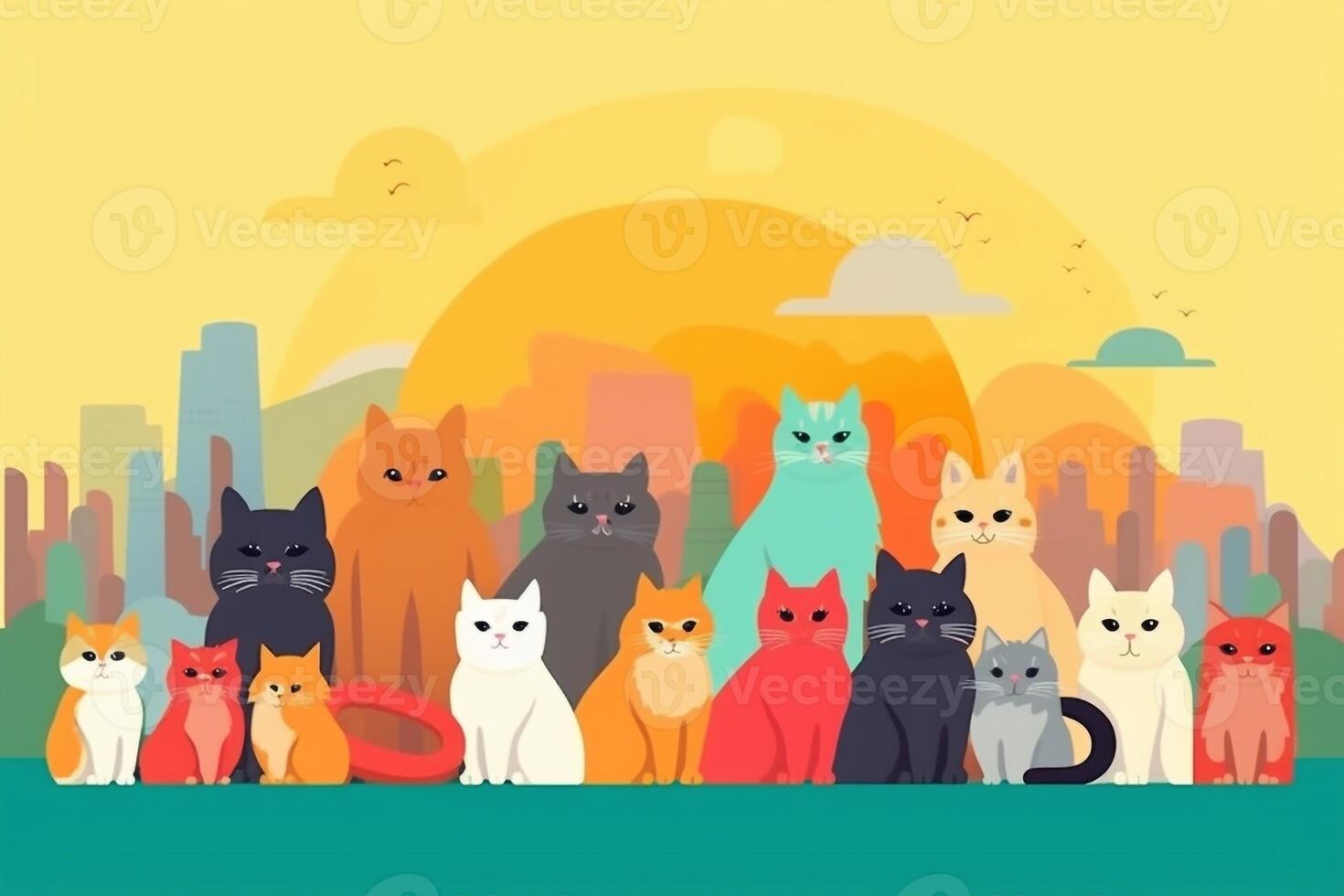 International Cat Day banner with funny cats lying in different poses and garlands with colorful flags.Flat cartoon style decorative elements with text. promotional template. photo