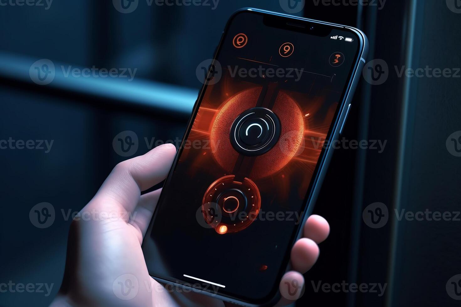 Locking smartlock on the entrance door using a smart phone remotely. Concept of using smart electronic locks with keyless access photo