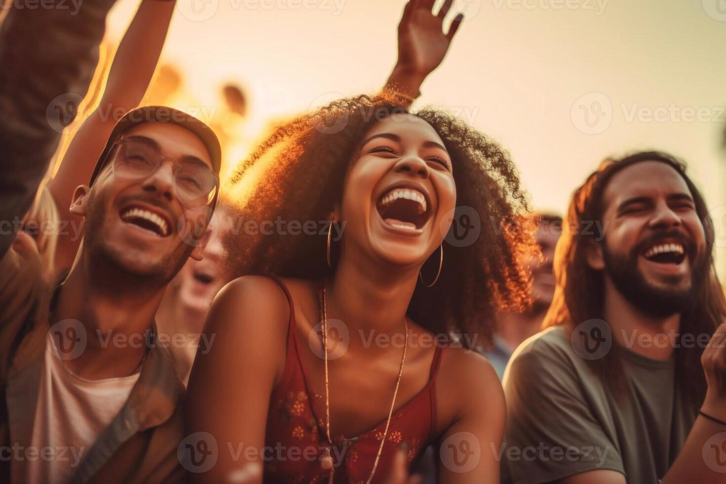 Happy friends from diverse cultures and races taking selfie with back lighting - Youth and friendship concept with young people having fun together - Main focus on left two guys - photo