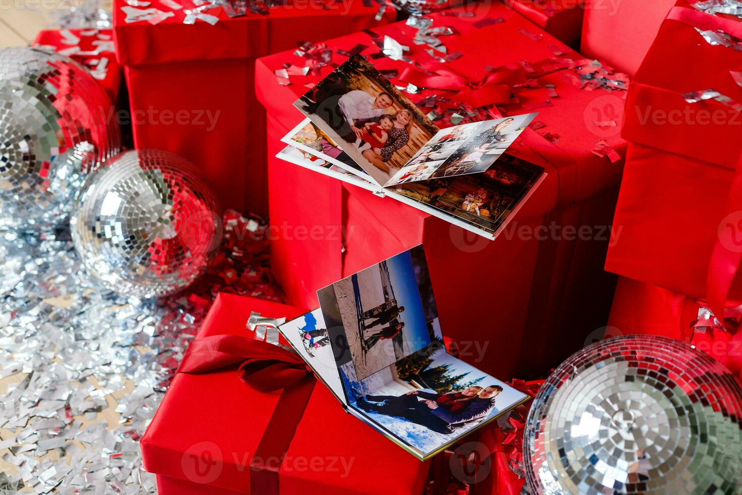 view open book with album christmas at home photo