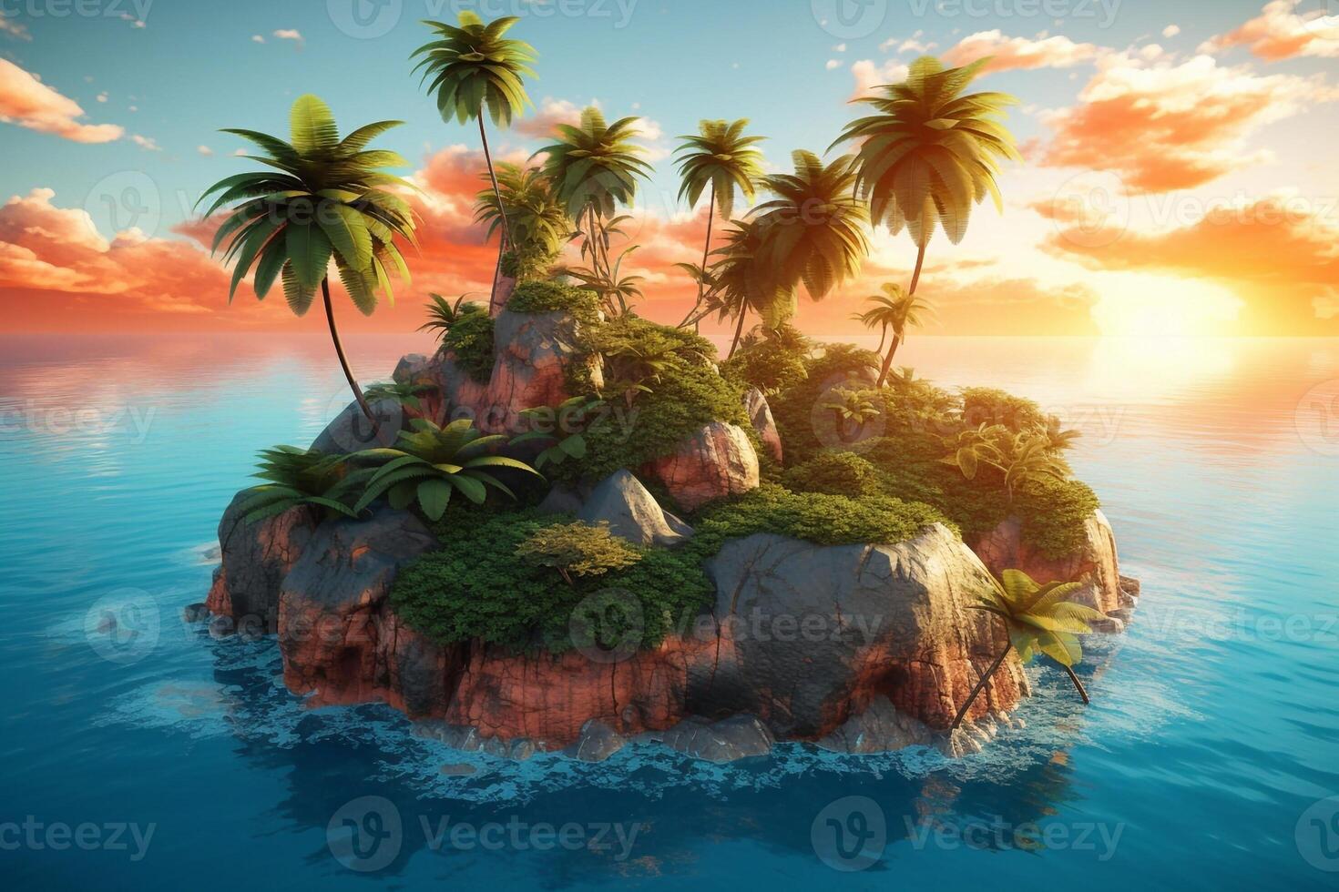 3D illustration blue tropical background of the sea in summer blurred with palm leaves and sunshine. Sea and sky with white clouds Summer holiday photo