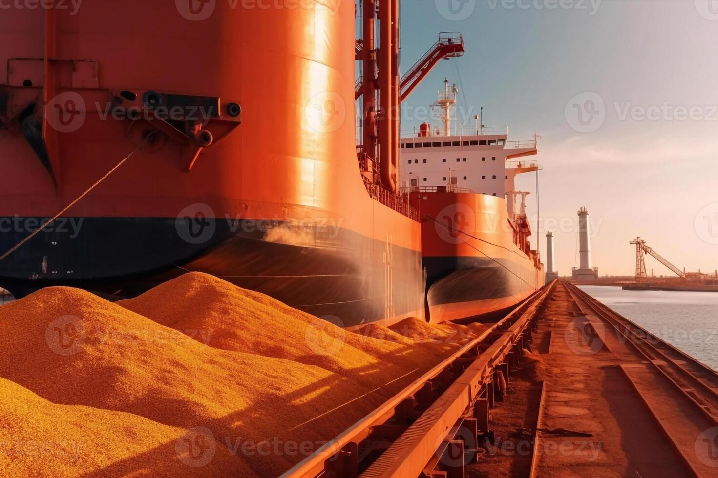 Loading grain into holds of sea cargo vessel in seaport from silos of grain storage. Bunkering of dry cargo ship with grain. Aerial top view photo