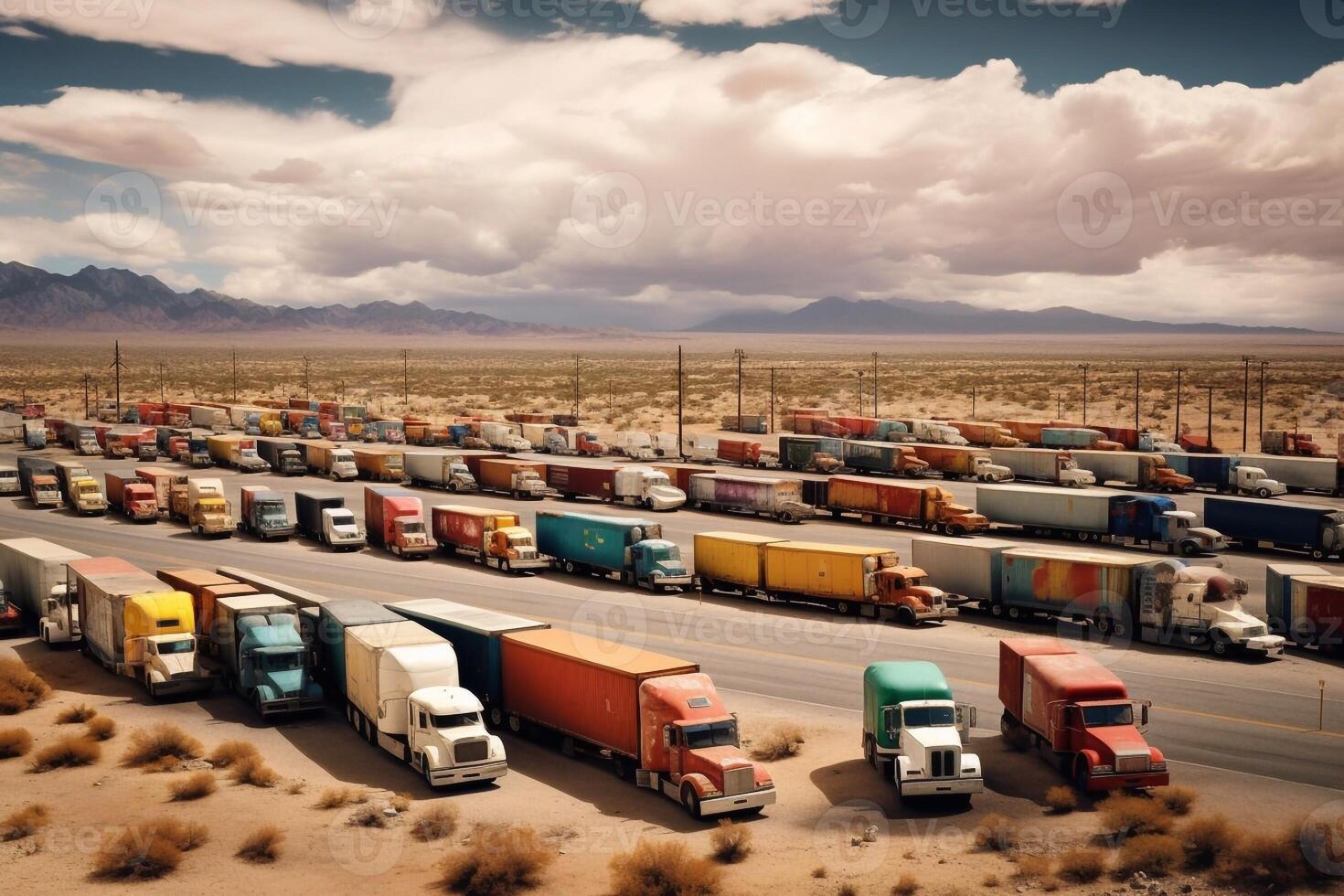 a long traffic jam of many trucks at the border , a long wait for customs checks between States due to the coronavirus epidemic, increased sanitary inspection of cargo transport photo
