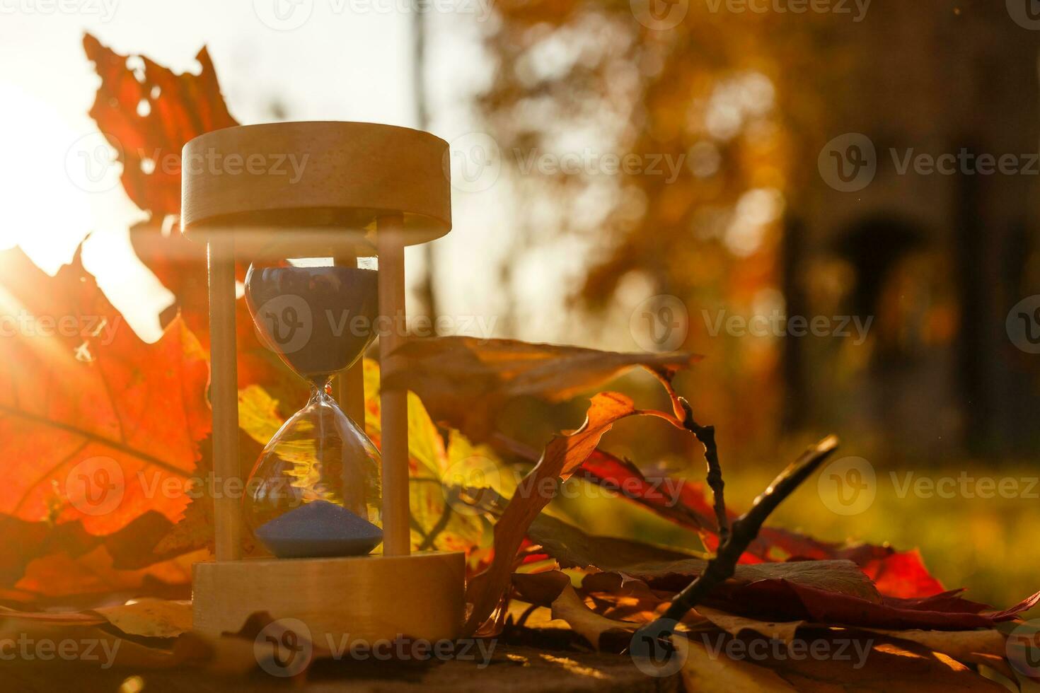 Autumn time theme, Sandglass on fallen leaves in various colors with copy space. photo