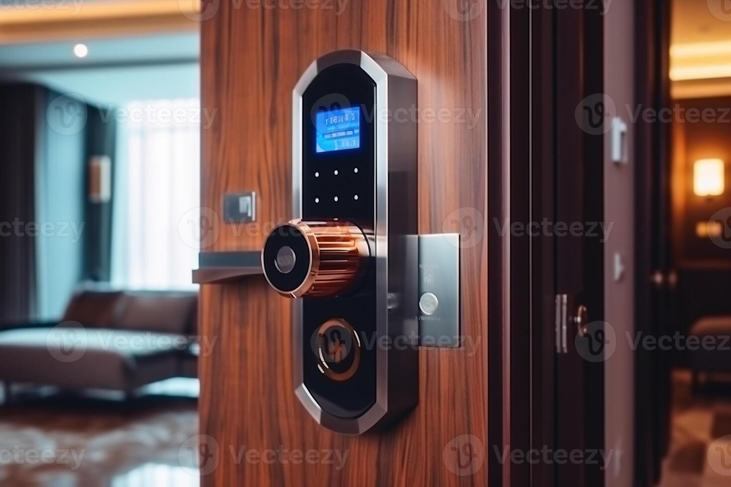 Locking smartlock on the entrance door using a smart phone remotely. Concept of using smart electronic locks with keyless access photo