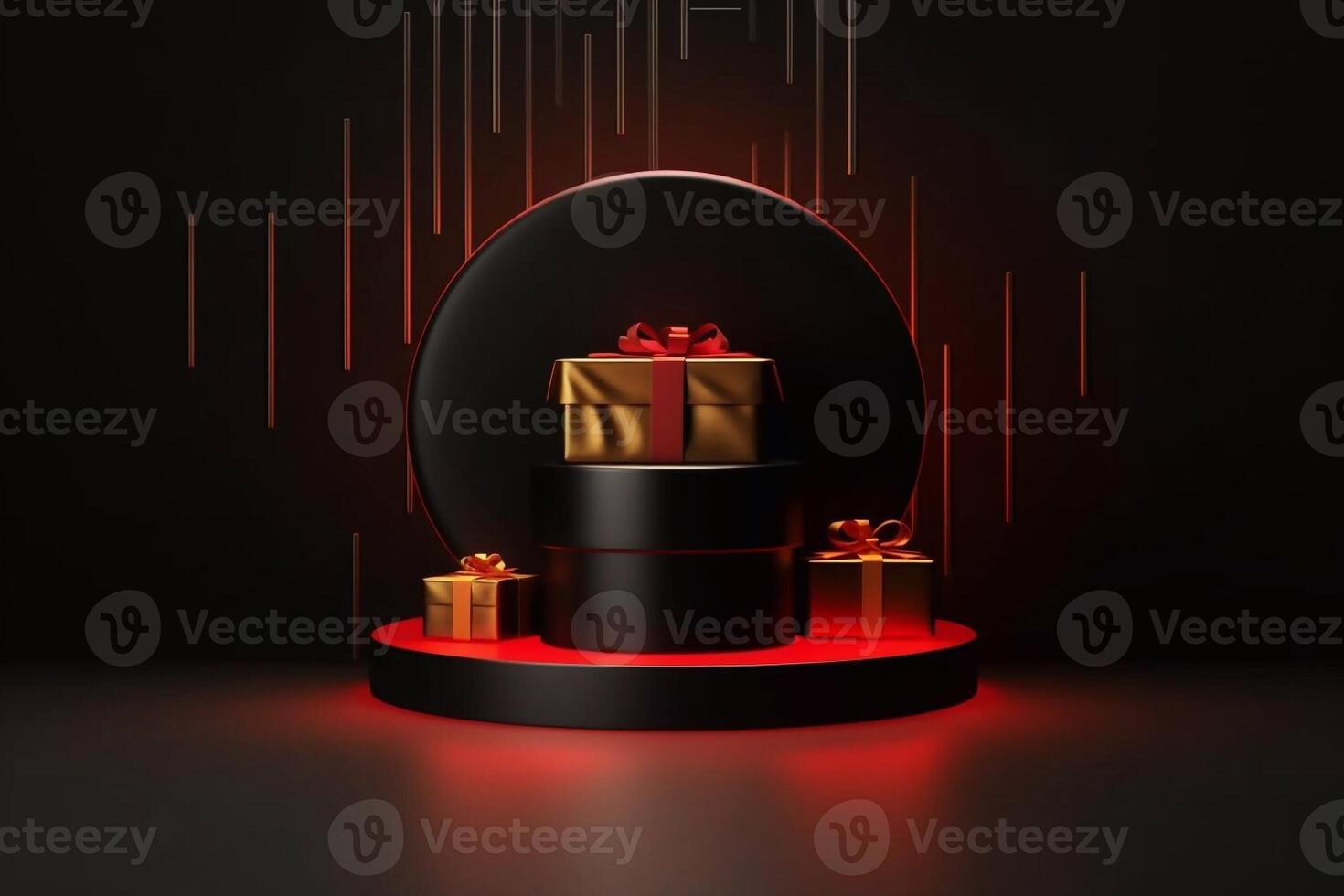 Black gift box with golden ribbon isolated on Black Background. 3d illustration of black gift box with gold ribbon. photo