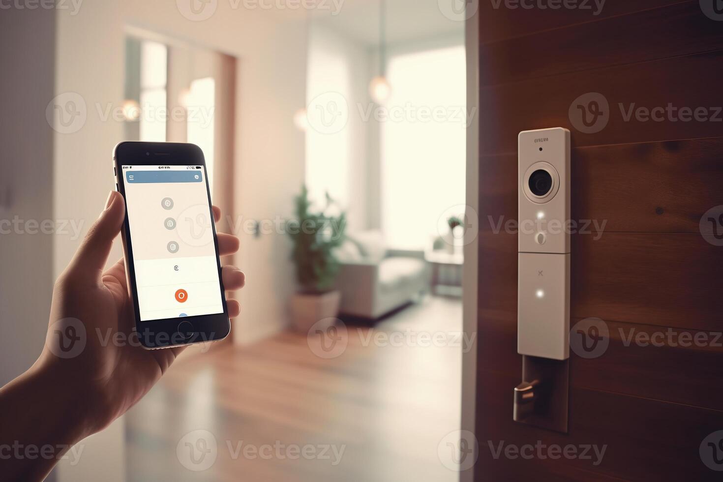 Smart Digital touch screen keypad access by entering pass code digital door handles on wood door Hotel or apartment door, future modern safety security technology more safe secure photo
