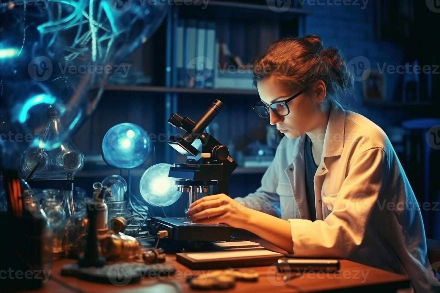 Bearded laboratory scientist or doctor using laptop computer and microscope for researching information at laboratory. Smiling caucasian university student studying medicine. photo