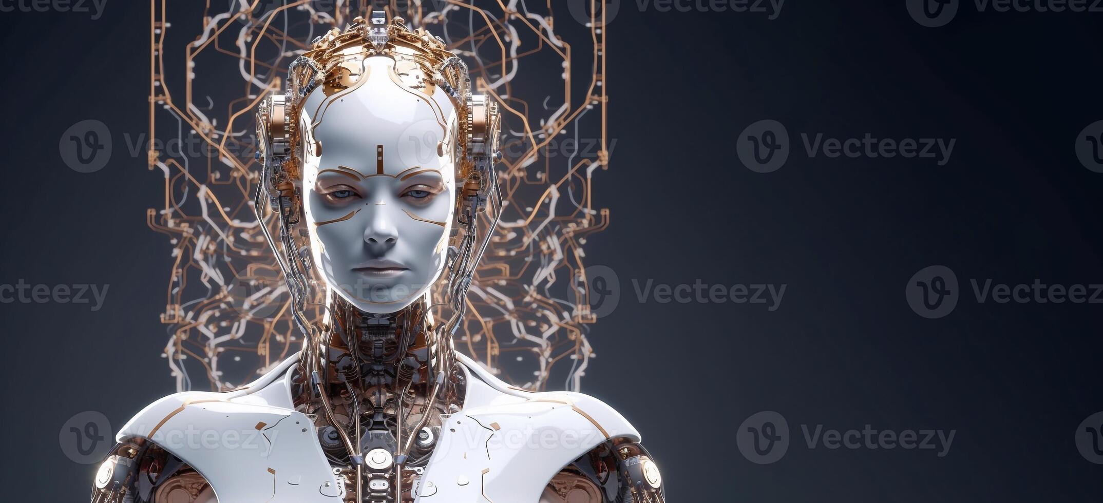 White woman cyborg on blurred background using digital chart interface 3D rendering photo