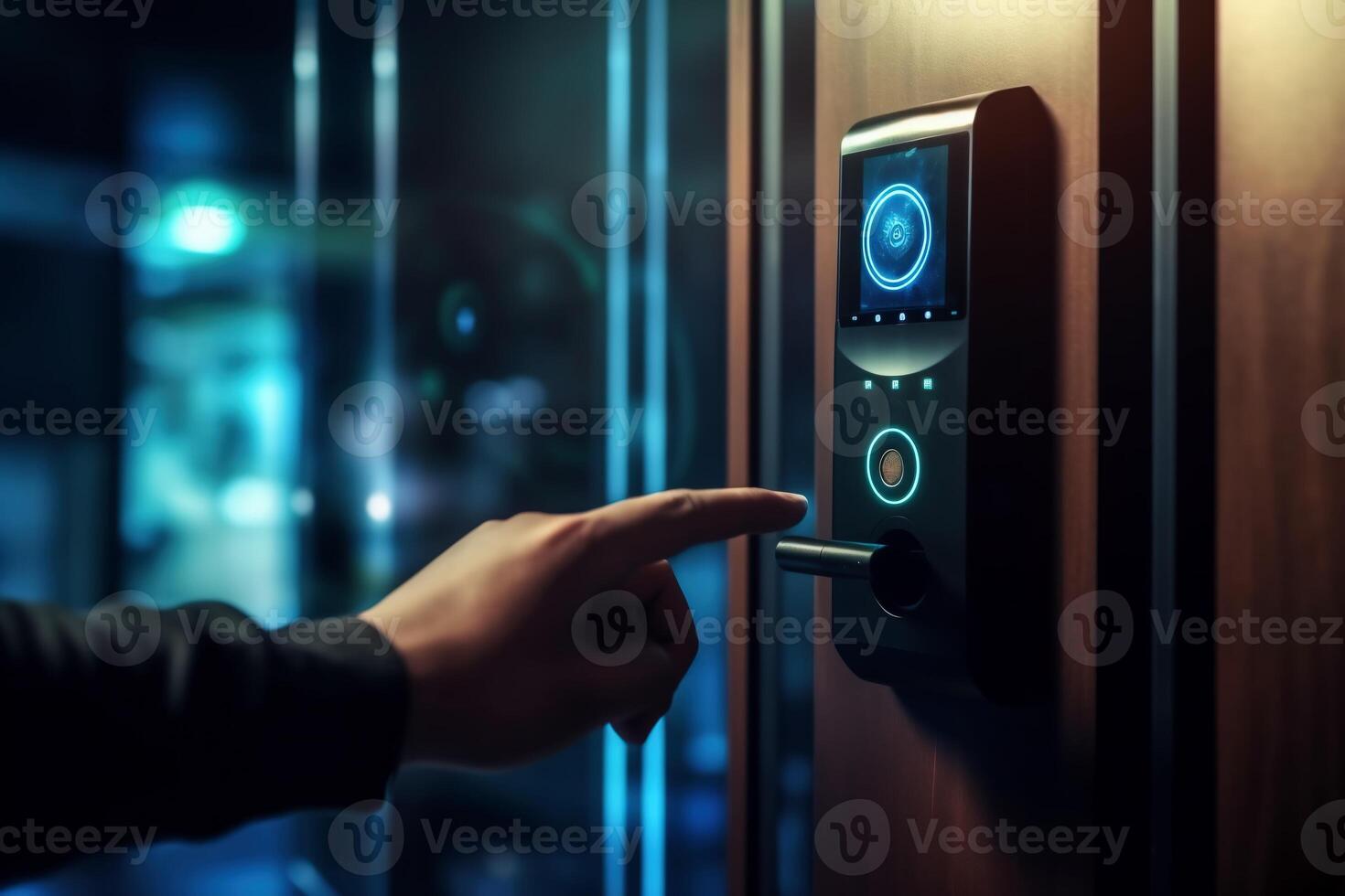 Locking smartlock on the entrance door using a smart phone remotely. Concept of using smart electronic locks with keyless access photo