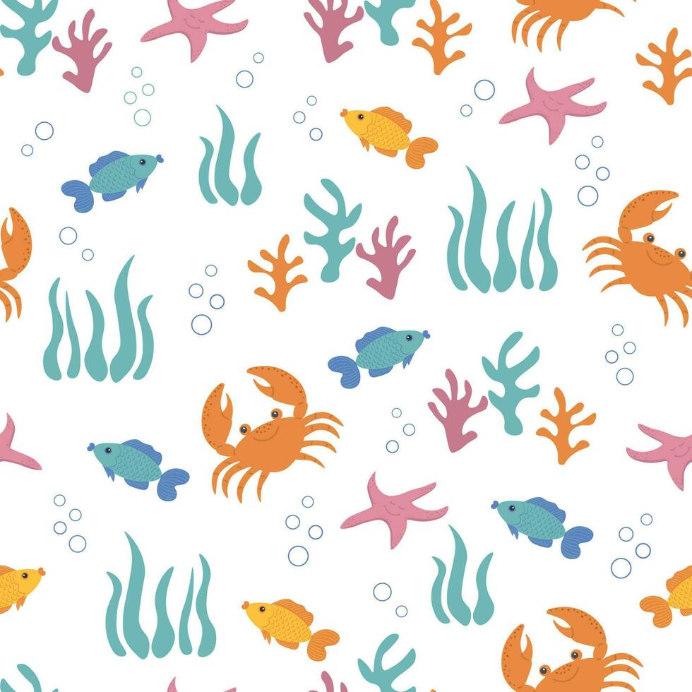 Children's illustration with marine theme. Seamless pattern with cute nautical elements. For children's textiles, backgrounds. vector