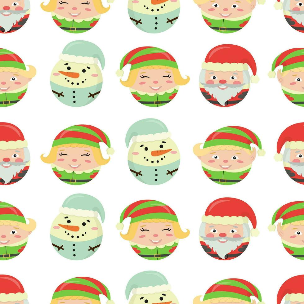 Seamless New Year's Eve pattern with cheerful Santa Claus, elves and a snowman in the form of balls for the Christmas tree vector