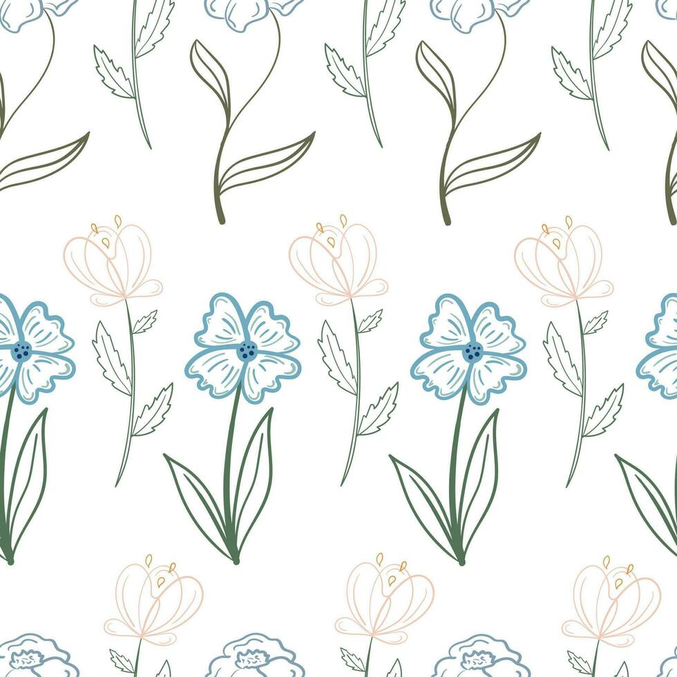 Seamless floral pattern. Flowers with lines in doodle style vector