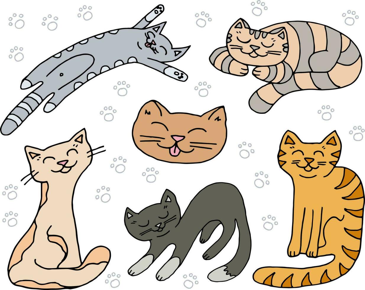 linda garabatos acerca de un mascota. gatos dibujos animados dibujado por mano vector