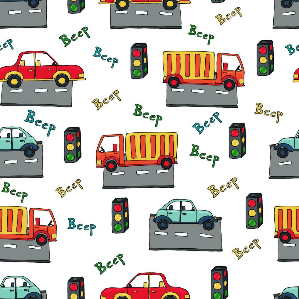 Children's illustration with cars, traffic lights and roads. Seamless pattern vector