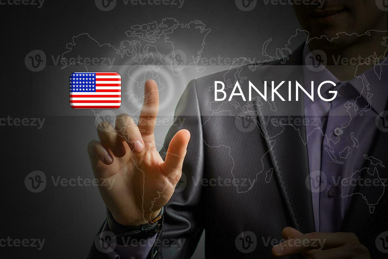 United States of America banking concept. Man pressing virtual button with flag icon photo