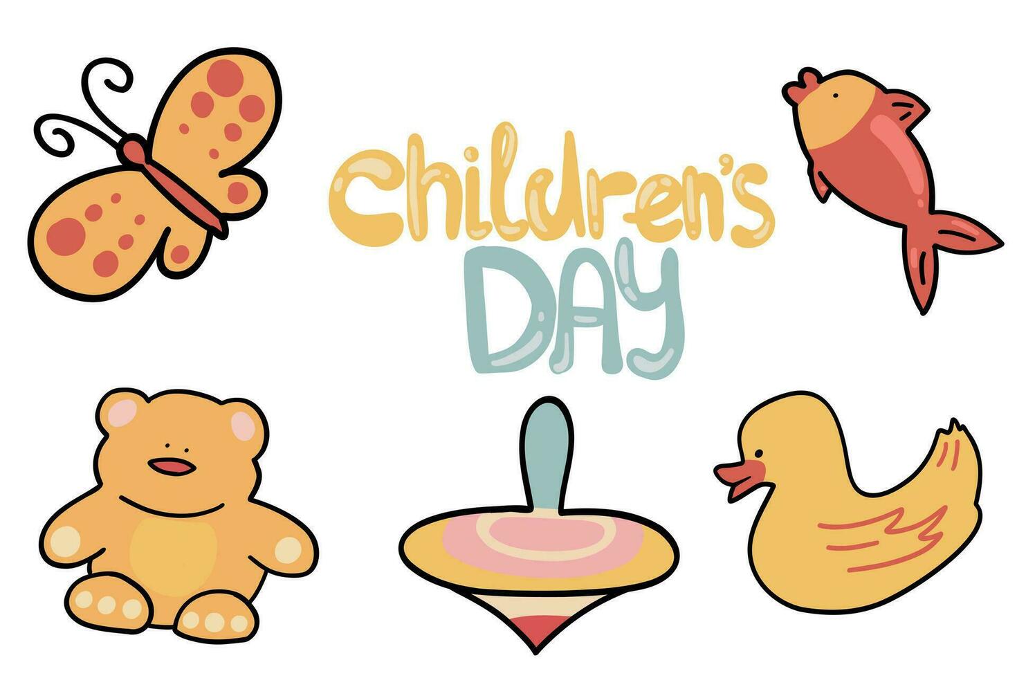 Children's day hand drawn set with butterfly fish and duck vector