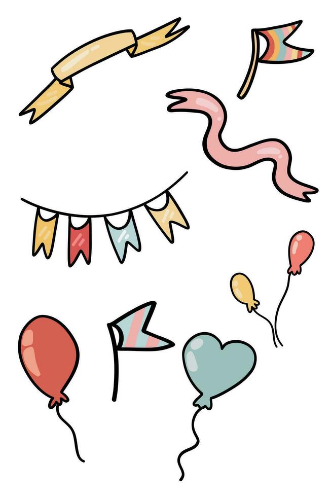 Ribbons and balloons set hand drawn celebration vector