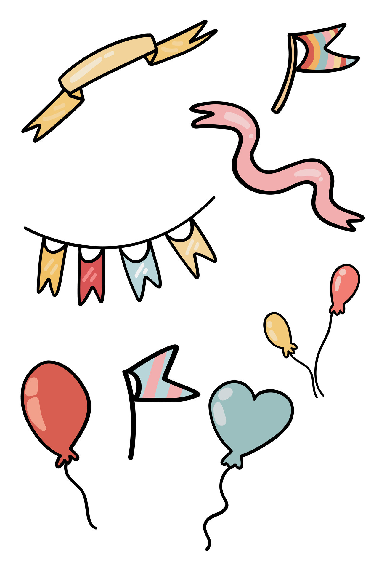 Ribbons and balloons set hand drawn celebration 26466638 Vector Art at