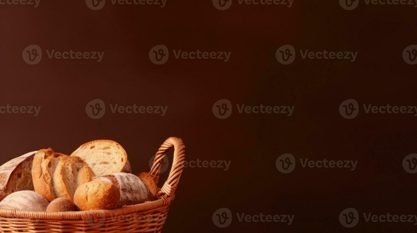 A basket of freshly baked bread. Web banner with copy space. Generative AI photo