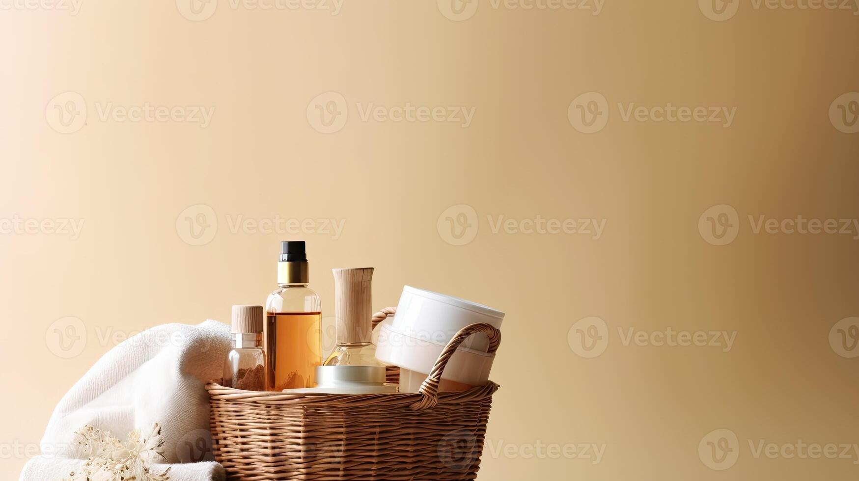 A basket of beauty products. Web banner with copy space. Generative AI photo