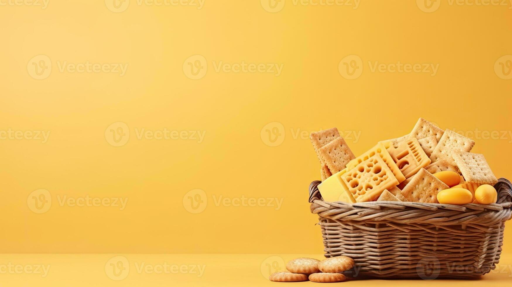 un cesta de queso y galletas web bandera con Copiar espacio. generativo ai foto