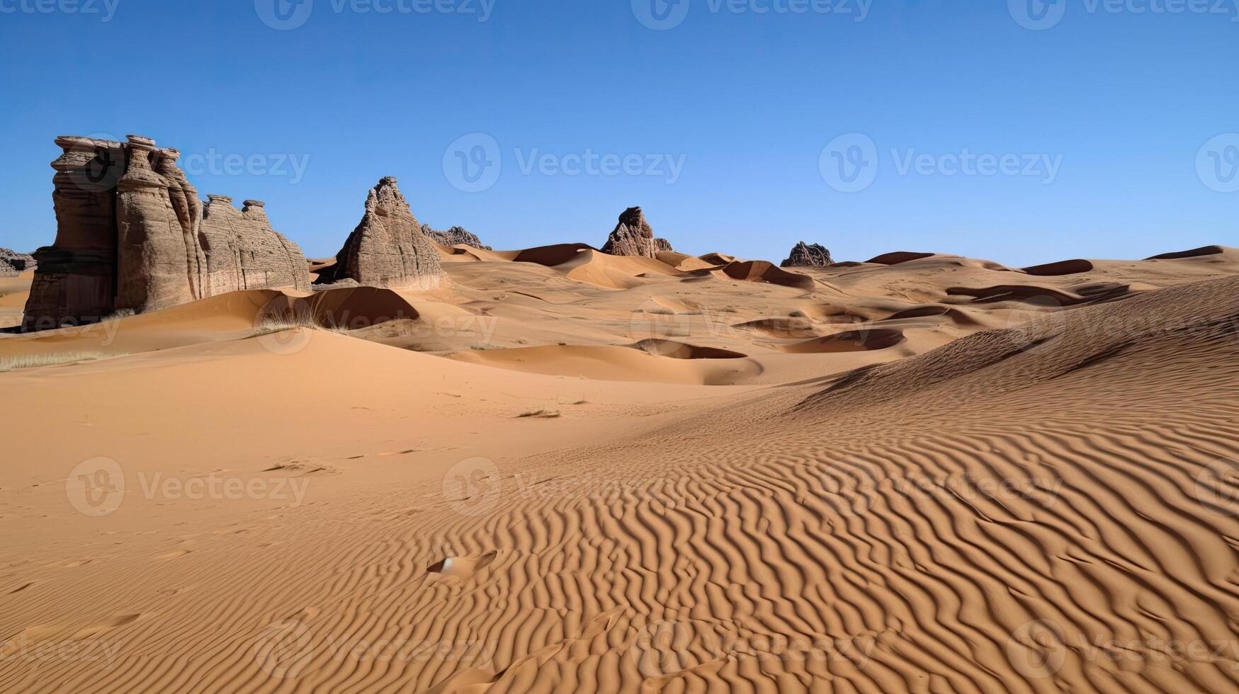 A desert with sand dunes and rock formations. photo