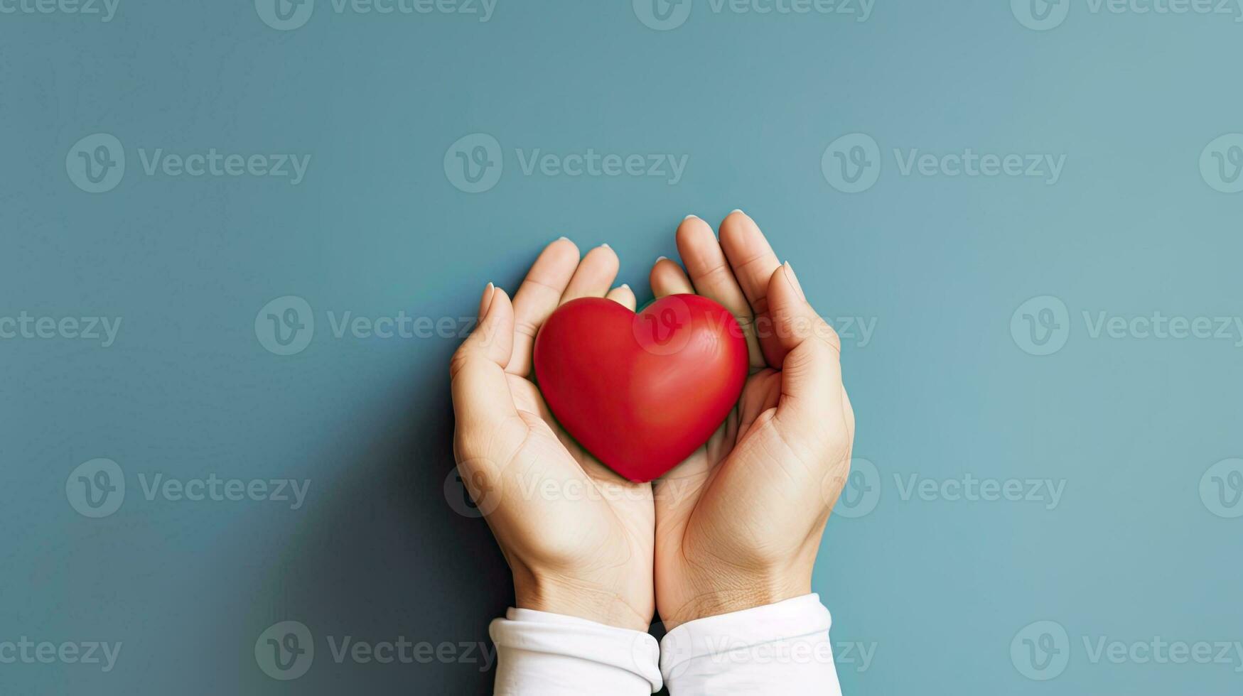 A pair of hands holding a heart. Web banner with copy space. Generative AI photo