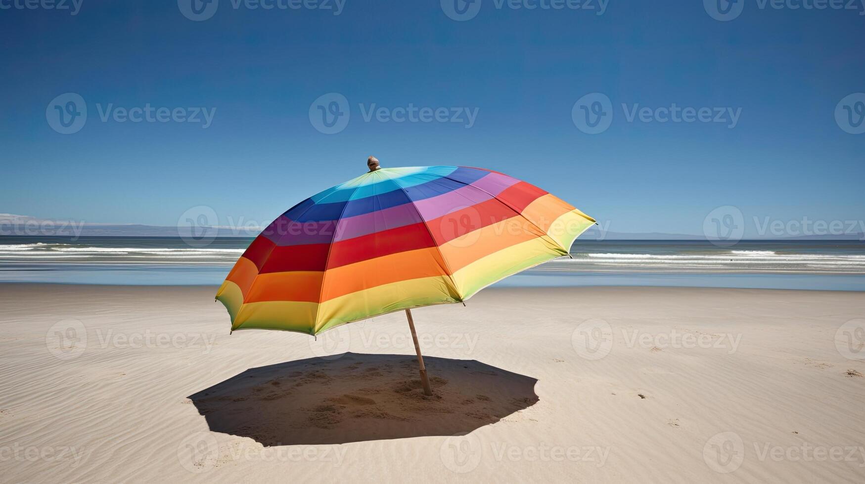 un vistoso playa paraguas en un arenoso playa. generativo ai foto