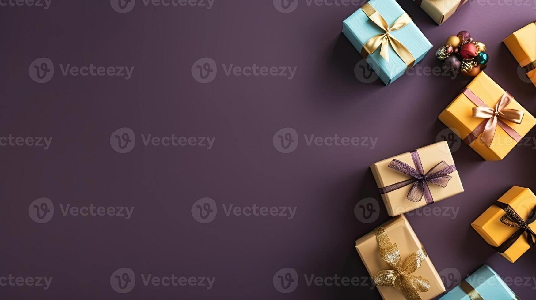 A collection of small gifts arranged in a decorative way. Web banner with copy space. Generative AI photo