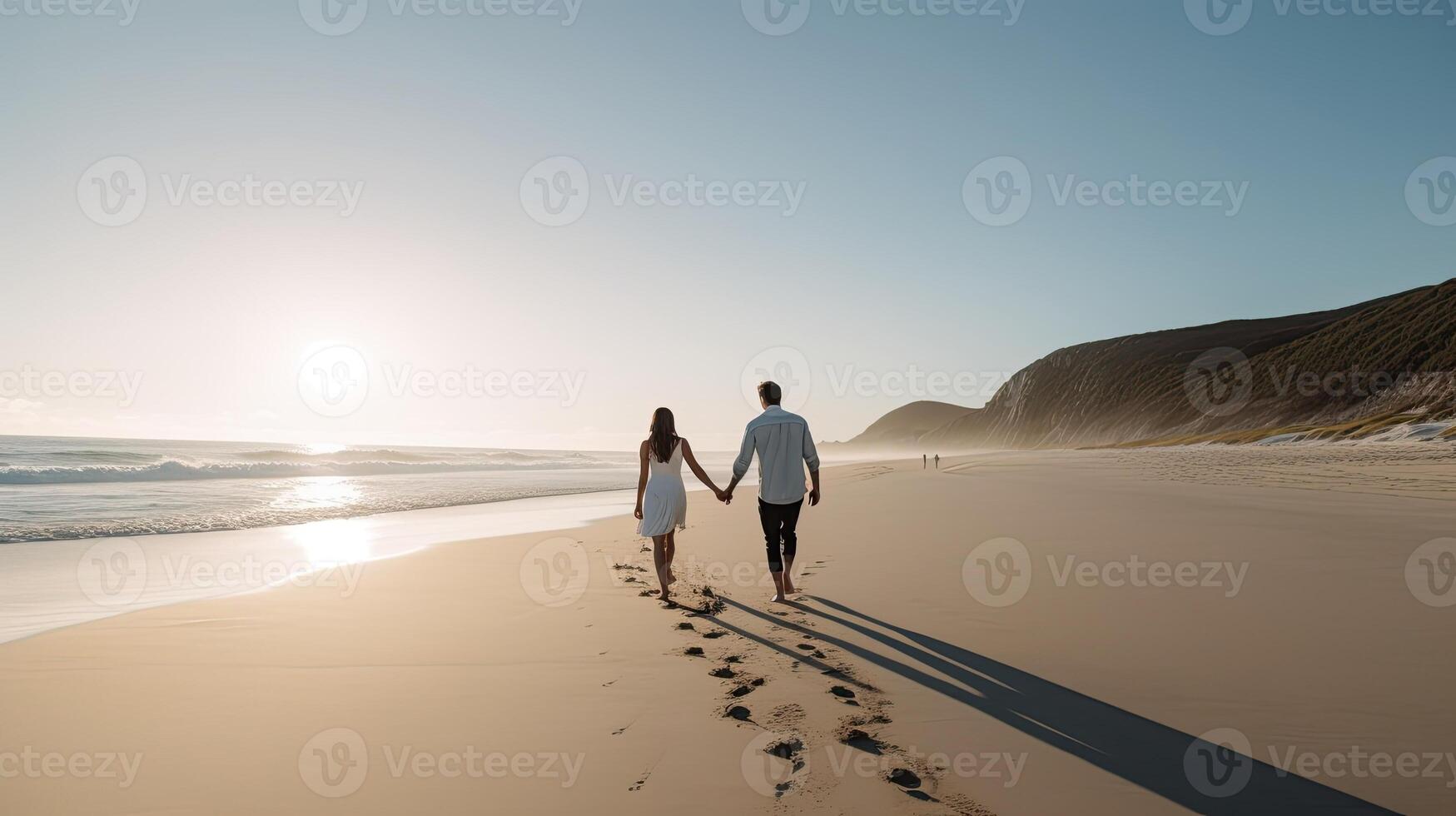 A beach scene with a couple walking hand in hand. photo