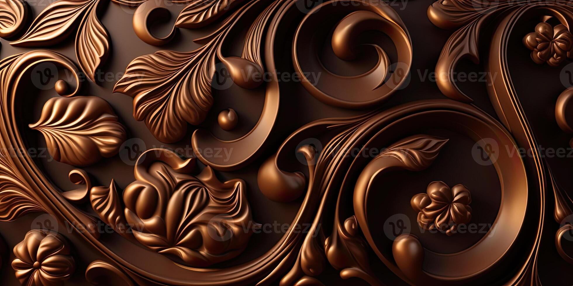 Close-up of delicious dark chocolates drops, cookie and dessert. Flat lay pattern on a brown background. Top view. photo