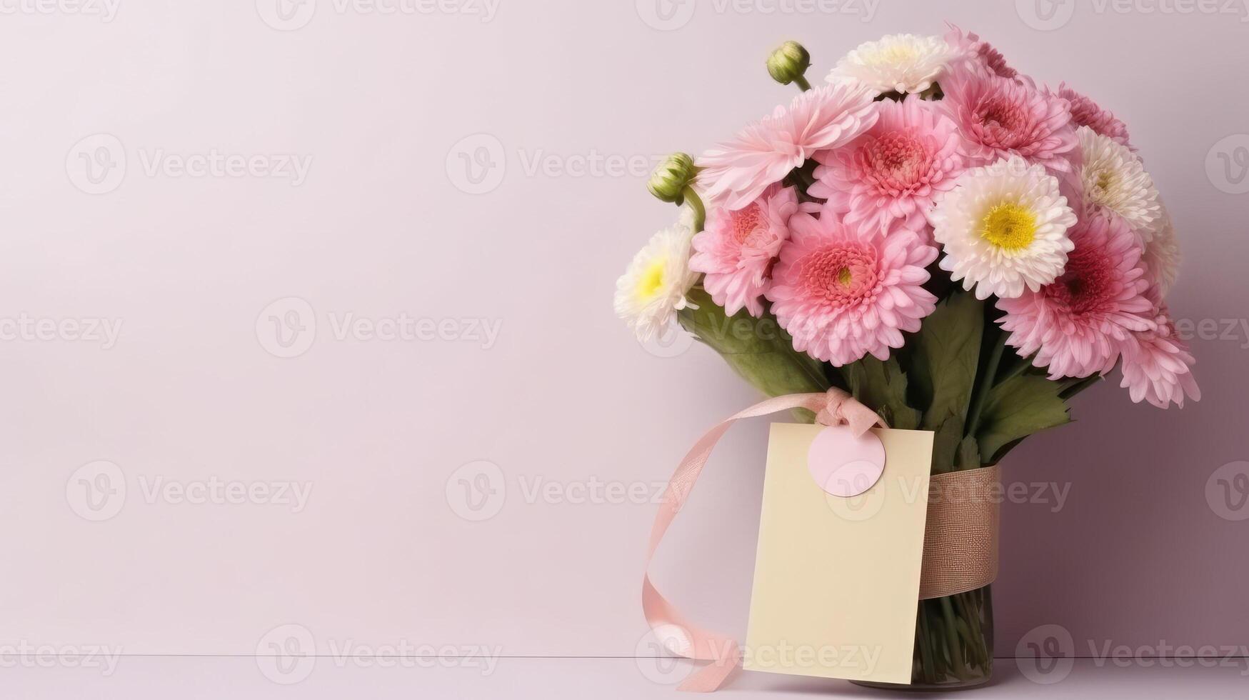 A bouquet of flowers with a tag, for Mothers Day, Birthday, Valentine's Day, romantic gift. Web banner with copy space. photo