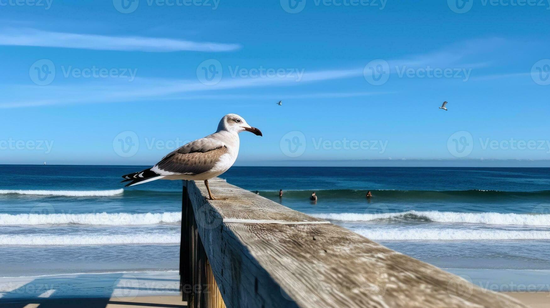 A beach scene with a seagull perched on a pier. Generative AI photo