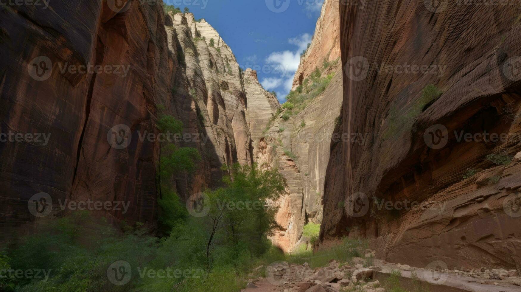 A canyon with steep rock walls. Generative AI photo