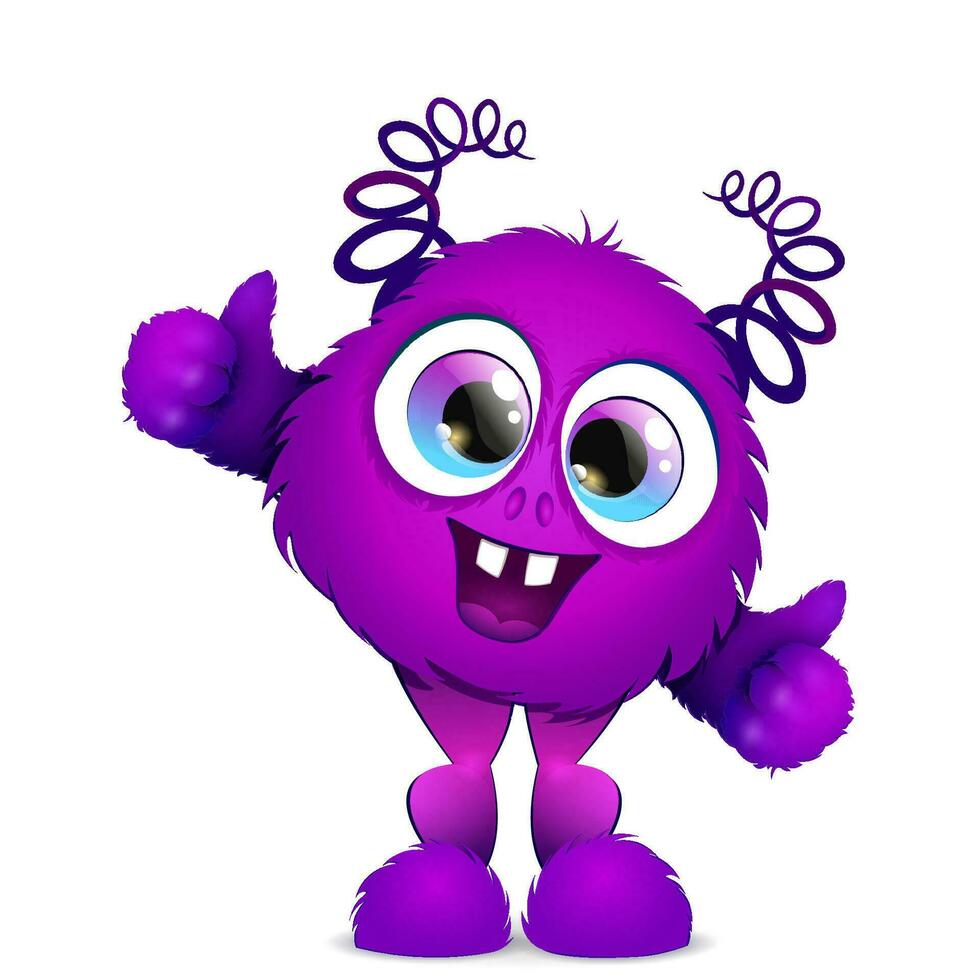 Cute fluffy funny cartoon violet smiling monster with like thumbs and spiral horns vector