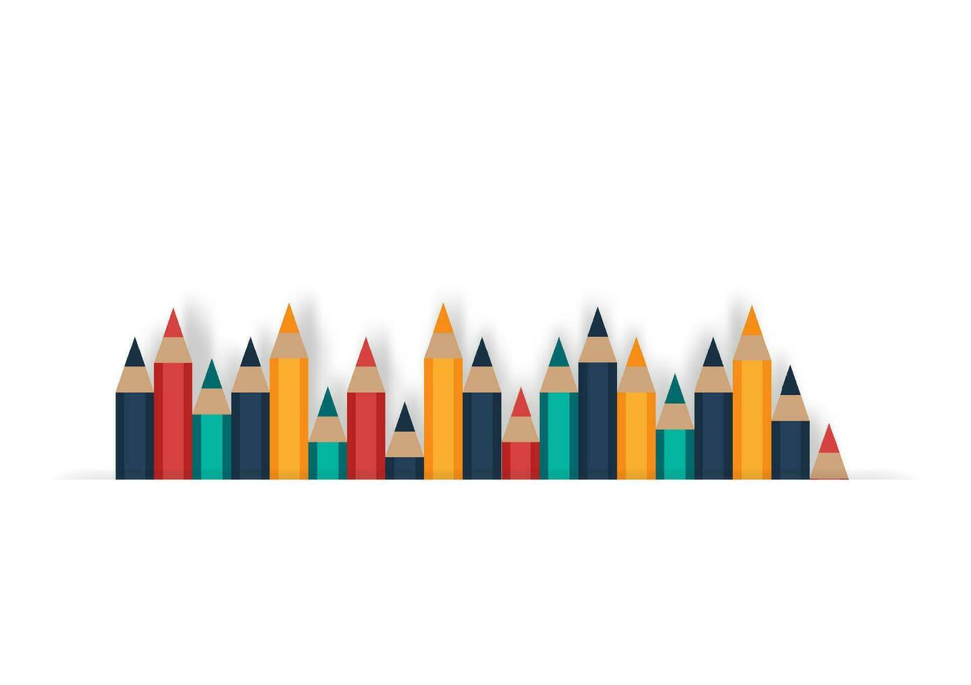 Back to school and education concept. Set of sharpened colored pencils or crayons on white background with copy space. Flat design for a banner. The art and study pictures in the classroom. vector